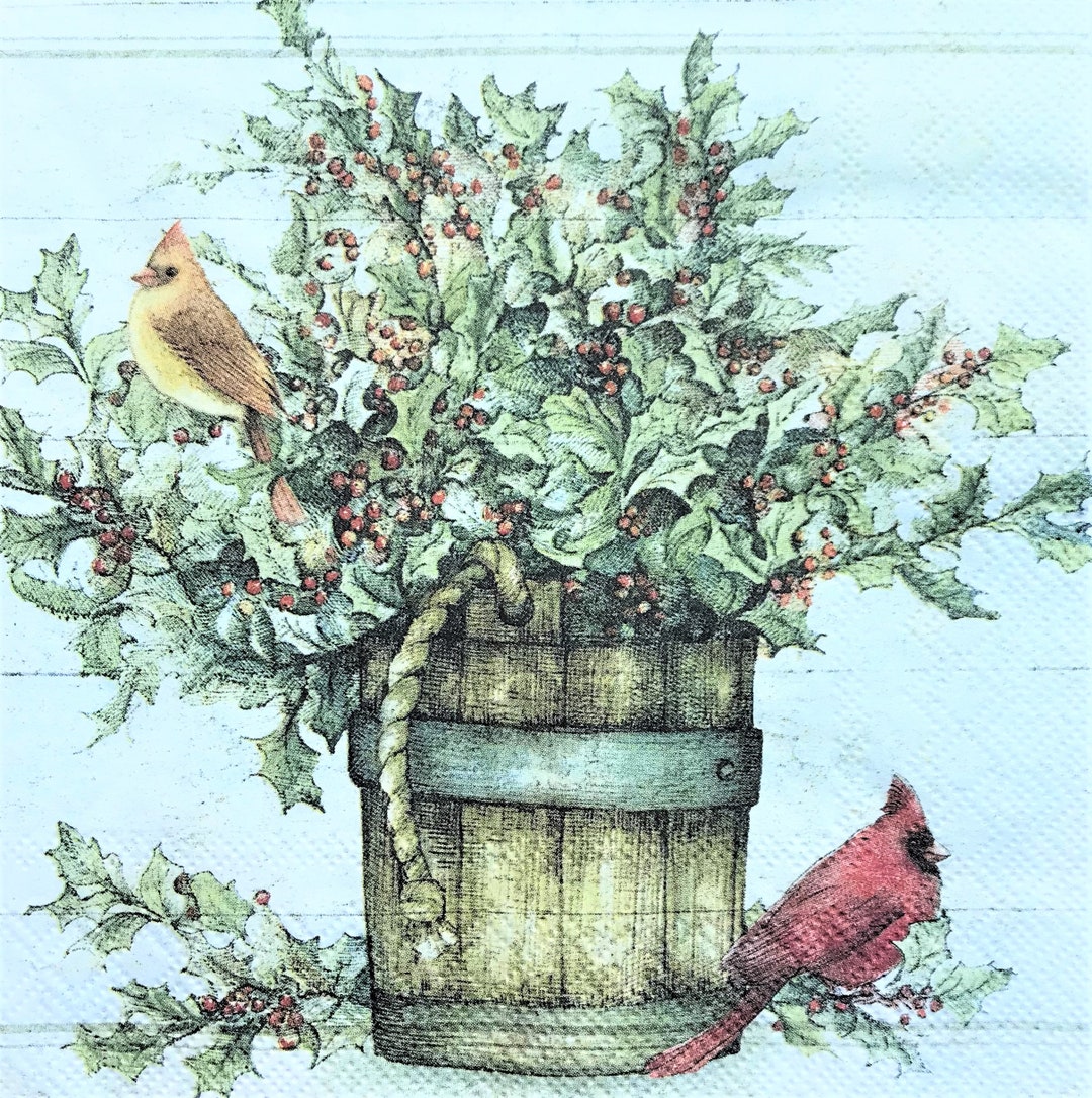 Decoupage Napkin, 6.5 X 6.5, Cardinals With Holly Branches ...
