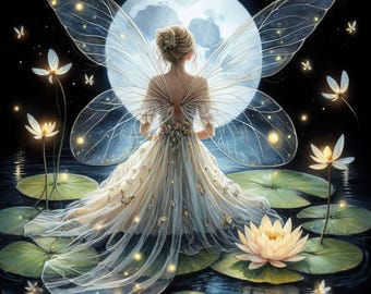 May include: A digital illustration of a fairy with large, translucent wings, seated on lily pads in a moonlit pond. The fairy wears a flowing white gown adorned with butterflies. Glowing lotus flowers and stars dot the dark background.
