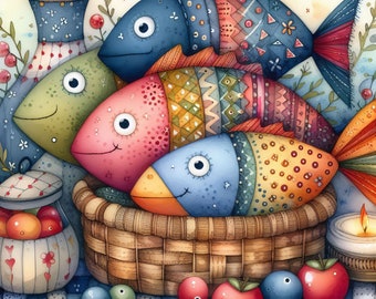 55 images Whimsical Calico Fish: Digital Art, Printable Instant Digital Download, Vintage Images, Scrapbooking, Journaling, Card Making