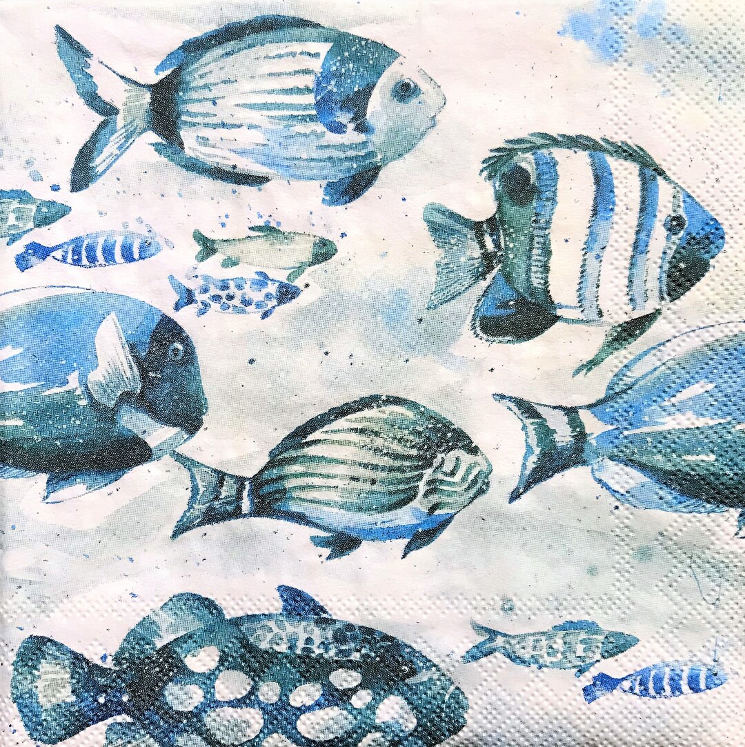 Decoupage Napkins, 5 x 5, Blue Fish Napkin, Scrapbooking, Collage