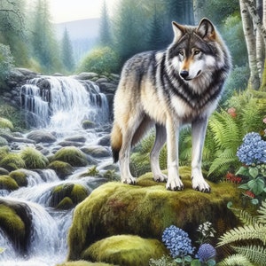 May include: A gray wolf stands on a mossy rock in a forest setting. A waterfall flows in the background, surrounded by lush greenery and ferns.