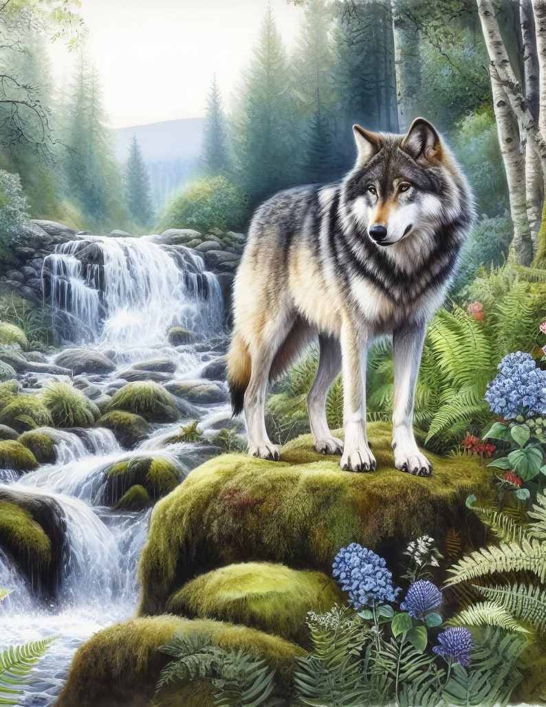 May include: A gray wolf stands on a mossy rock in a forest setting. A waterfall flows in the background, surrounded by lush greenery and ferns.
