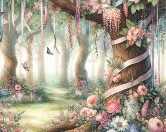 May include: A digital illustration of a forest scene featuring large tree trunks wrapped in light pink ribbons and adorned with clusters of pink, white, and blue flowers. Butterflies are visible in the air, and the ground is covered in lush greenery and floral arrangements.