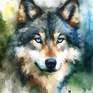May include: A watercolor painting of a wolf's face with blue eyes. The wolf is looking directly at the viewer. The background is a soft, blurred watercolor wash of green and blue.