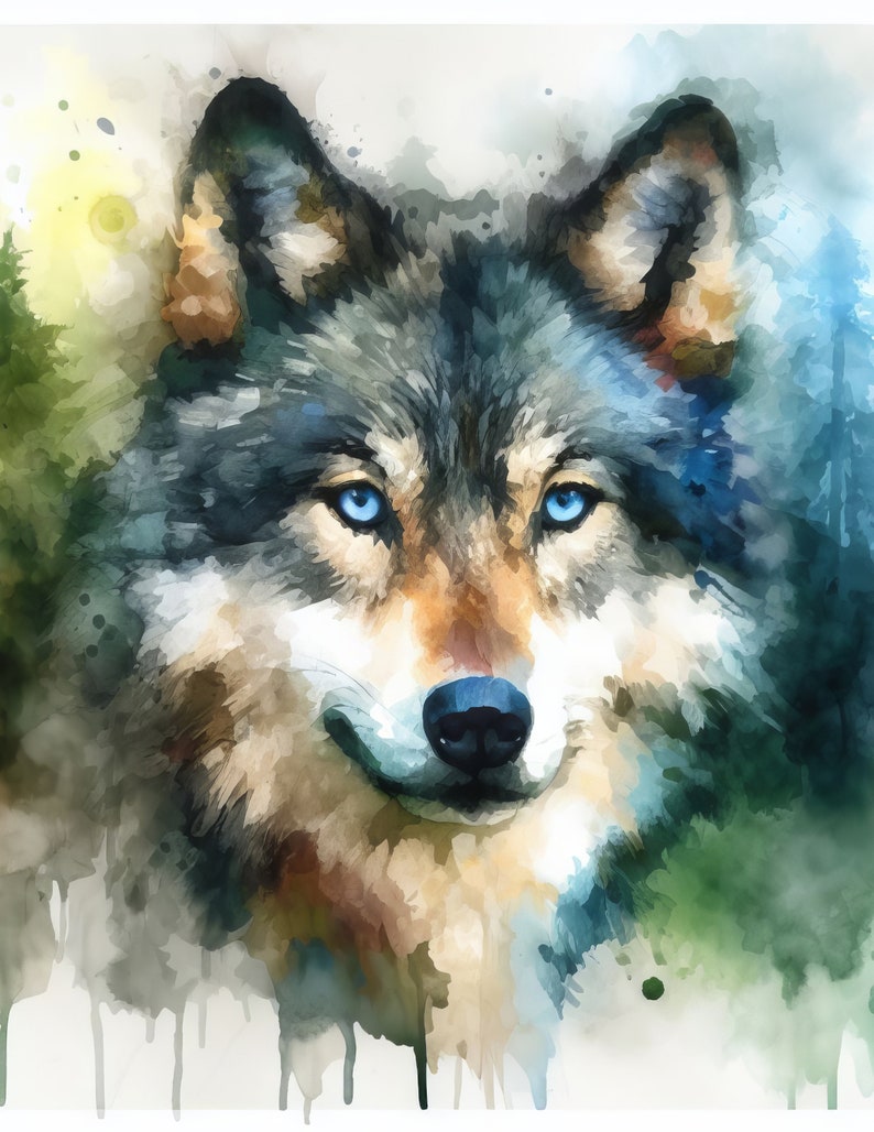 May include: A watercolor painting of a wolf's face with blue eyes. The wolf is looking directly at the viewer. The background is a soft, blurred watercolor wash of green and blue.