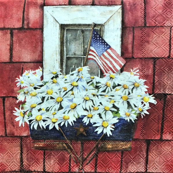 Decoupage Napkin, 5" x 5", Patriotic Window Box, Decoupage Napkins, Decoupage Art, Junk Journals, Collage Paper, Tissue Art, C470