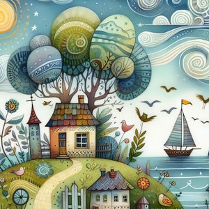 Pu&ograve; includere: Un'illustrazione ad acquerello di una scena di villaggio fantasiosa con una casa, una chiesa, una barca a vela e un sentiero tortuoso. Il cielo &egrave; blu con nuvole bianche e stelle. Gli alberi sono verdi e hanno un motivo a spirale. Le case sono colorate e hanno finiture bianche. La barca a vela &egrave; blu e bianca e ha una vela gialla.