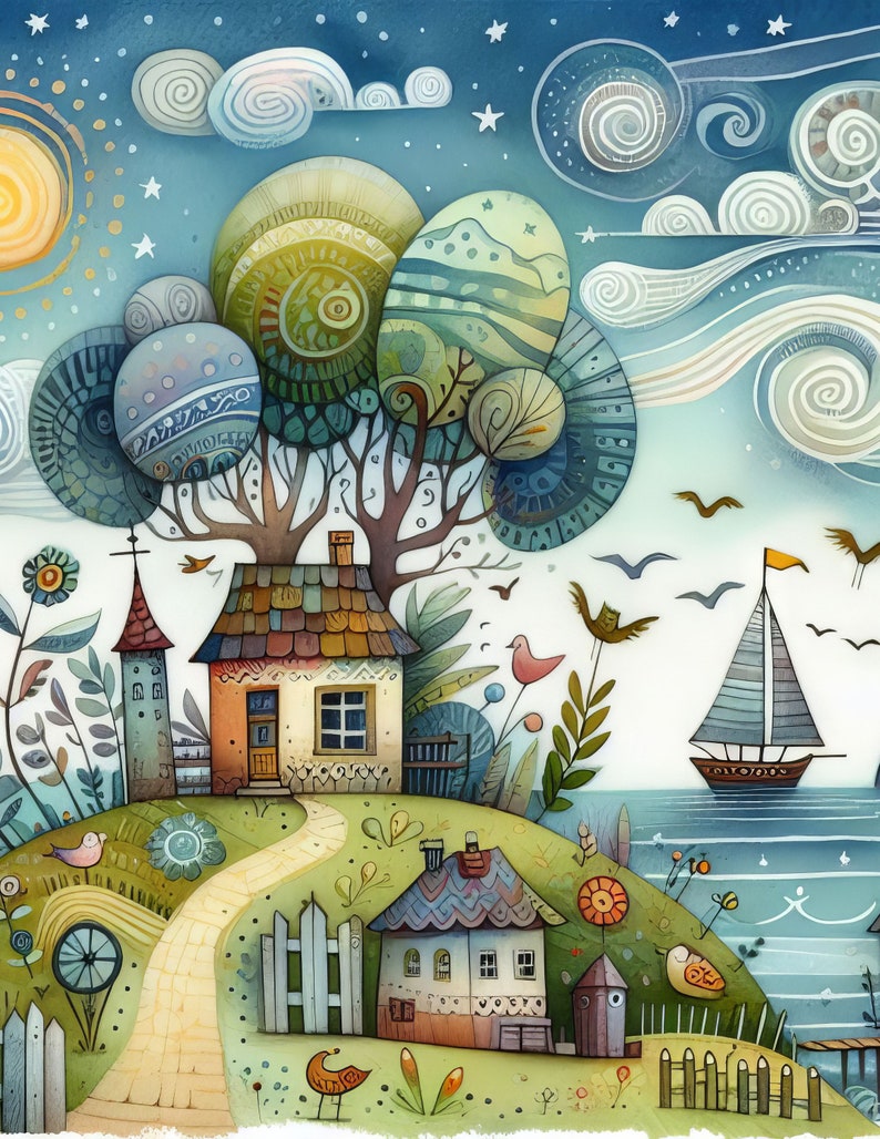 Pu&ograve; includere: Un'illustrazione ad acquerello di una scena di villaggio fantasiosa con una casa, una chiesa, una barca a vela e un sentiero tortuoso. Il cielo &egrave; blu con nuvole bianche e stelle. Gli alberi sono verdi e hanno un motivo a spirale. Le case sono colorate e hanno finiture bianche. La barca a vela &egrave; blu e bianca e ha una vela gialla.