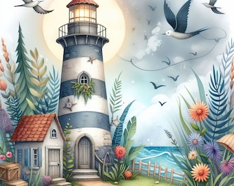 60 images Whimsical Lighthouse Images Digital Art Printable Instant Digital Download Scrapbooking Journaling Card Making
