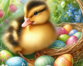 May include: A yellow duckling with black stripes sits in a wicker basket filled with colorful Easter eggs. The basket is surrounded by green grass and white and blue flowers.