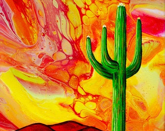 Sunset in Arizona Fine Art Print, Giclée, 10 x 10, 14 x 14, nature, original art, wall art decor, desert, saguaro, abstract
