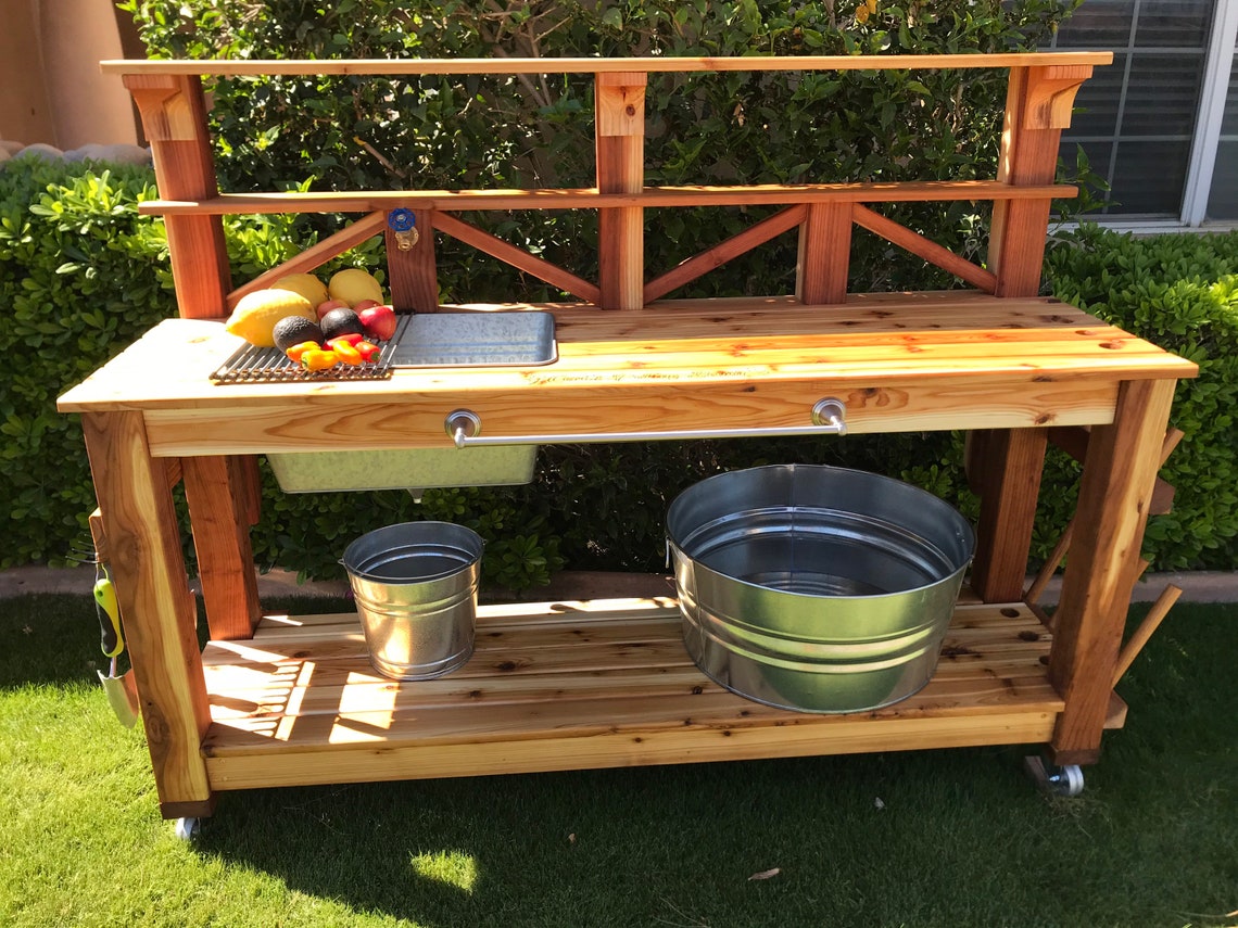 Potting Bench With Water Spigot Cedar Potting Table Outdoor Etsy Canada