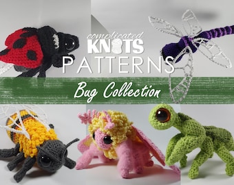 May include: A collection of crocheted bug amigurumi toys, including a ladybug, dragonfly, bee, moth, and praying mantis. The toys are all brightly colored and have realistic features. The image includes the text "complicated knots patterns Bug Collection".