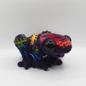 May include: A crocheted frog toy with a purple body, red, yellow, green, and blue accents, and black eyes.