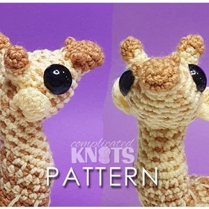 May include: Crochet pattern for a giraffe amigurumi toy. The pattern is called "complicated knots" and is shown in the image. The giraffe is made with beige and brown yarn and has large black eyes.