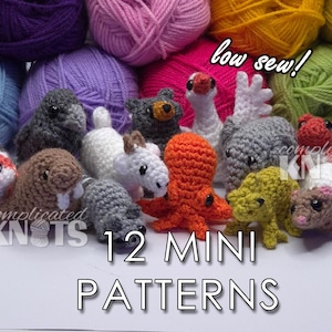 May include: A selection of twelve mini crochet animal patterns, including a fox, walrus, octopus, and bear. The animals are in various colours and are displayed in front of colourful yarn balls. The text "low sew!" and "12 MINI PATTERNS" are visible.