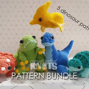 May include: Five crochet dinosaur patterns, including a green dinosaur, a blue dinosaur, an orange dinosaur, a yellow dinosaur, and a green turtle. The patterns are available as a bundle.