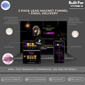 Pode incluir: Gráfico de marketing digital com um laptop, tablet e smartphone exibindo um site. O texto inclui "2 PAGE LEAD MAGNET FUNNEL + EMAIL DELIVERY" e "The Awakening Within". O design é otimizado para iPad e dispositivos móveis.