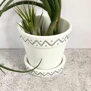May include: A white ceramic planter with a gray geometric pattern around the rim. The planter has a matching saucer and is filled with a green air plant.