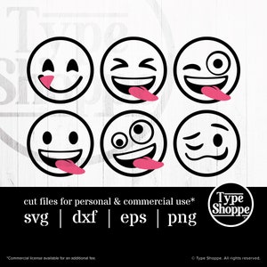 May include: Six black and white emoji faces with pink tongues sticking out. The emojis are all different expressions, including winking, smiling, and surprised. The text below the emojis reads "cut files for personal & commercial use* svg | dxf | eps | png".