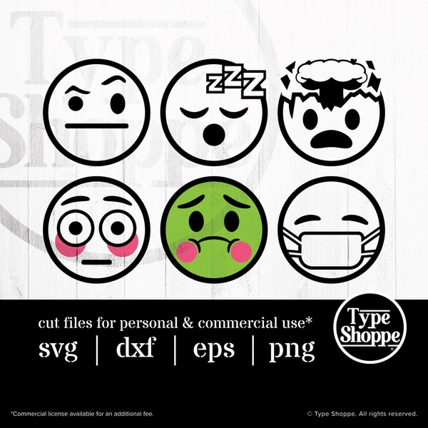 Emoji SVG Design | Random Set 1 Emoji Faces | Original Art Hand-Designed Emojis | Graphics for Cricut & Cameo Silhouette | 6-Pack Emoticons