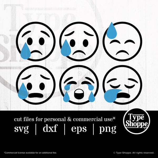 Emoji SVG Design | Sad Set 2 Emoji Faces | Original Art Hand-Designed Emojis | Graphics for Cricut & Cameo Silhouette | 6-Pack Emoticons