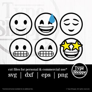 Emoji SVG Design | Happy Set 2 Emoji Faces | Original Art Hand-Designed Emojis | Graphics for Cricut & Cameo Silhouette | 6-Pack Emoticons