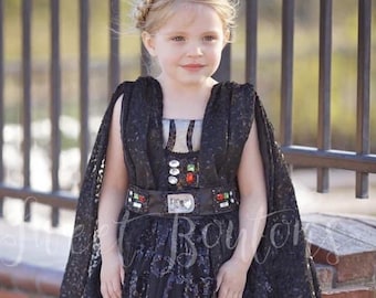 Girl Disney Darth Vader Inspired Couture gown with cape and beaded belt | Girls Halloween Couture dress