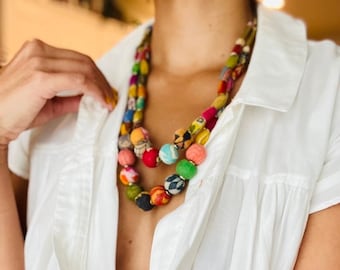 Necklace | Statement | Cylinder | Recycled Sari Textiles | Recycled Wood | Kantha Beads | Ethically Sourced | Gift Ideas