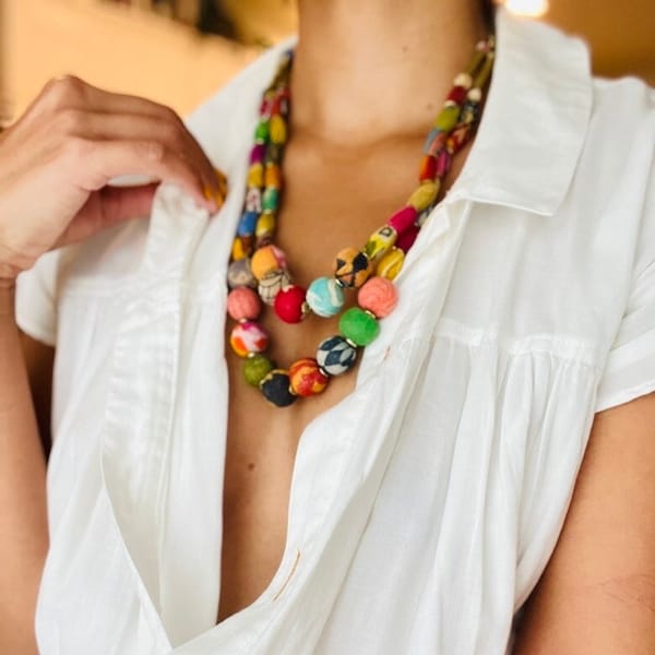 Necklace | Statement | Cylinder | Recycled Sari Textiles | Recycled Wood | Kantha Beads | Ethically Sourced | Gift Ideas