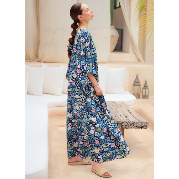 kimono pattern dress bohemian Floral Rayon Kaftan Dress: Handmade Boho Tunic neckline Open tie Women's Brown Pointelle-Knit Beach Sexy Formal Dress Color:picture color