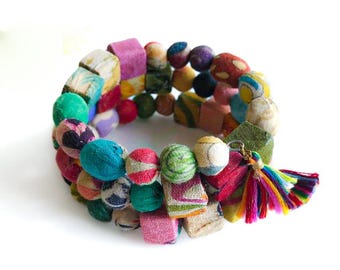 Bracelet | Spiral Bracelet | Ethically Sourced Jewelry | Handmade | Sustainable | Kantha Bead | Upcycled Sari | Gift Idea