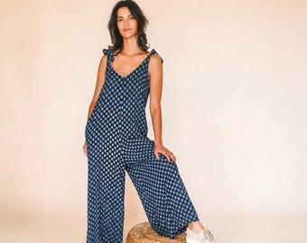 Sommarjumpsuit med vida ben | Justerbara knytband, en storlek