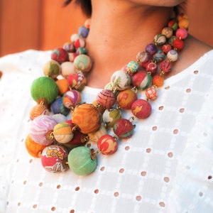 Necklace | Orb Colors Kantha Beads | Statement Necklace | Vintage Recycled Textile | Recycled Wood | Ethically Sourced | Gifts