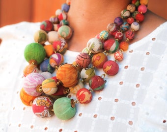 Necklace | Orb Colors Kantha Beads | Statement Necklace | Vintage Recycled Textile | Recycled Wood | Ethically Sourced | Gifts