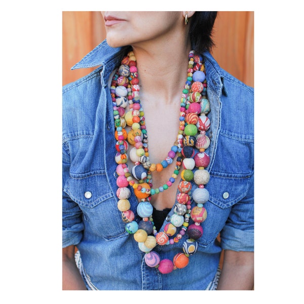 Necklace | Unique Statement Kantha Beads | Recycled Sari Textiles | Vintage Fabric | Recycled Wood | Sustainable Jewelry | Gift Ideas