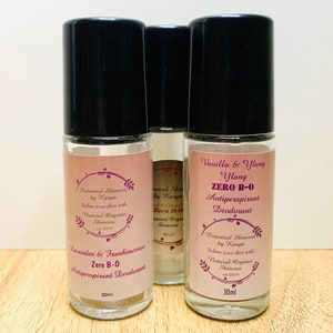 May include: Three clear glass roll-on deodorant bottles with black lids. The labels display text including "Essential Skincare" and "Zero B-O Antiperspirant Deodorant." One label reads "Lavender & Frankincense," another "Vanilla & Ylang." Each bottle contains 30 ml.