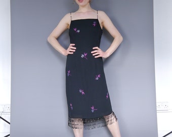 Vintage 90s black strappy beaded embellished floral backless midi dress