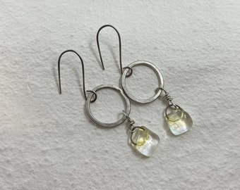 Sterling Silver Hammered Loop Earrings with Fused Glass Dangles  Free Shipping & gift box included.