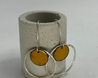 Sterling Silver Hammered Loop Earrings with hanging Enamel Gold Circle- solid sterling silver. Free Shipping & gift box included.