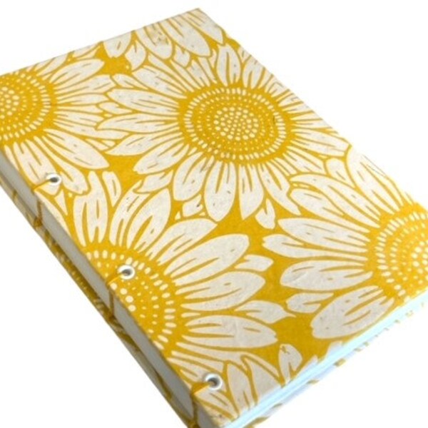 Handmade Lay Flat Coptic Writing Journal or Sketchbook, Sunflower Cover, Makes a Unique Gift for Writer or Creative Artist