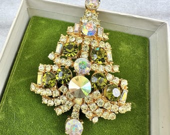 Vintage Christmas Tree Brooch Czech Style AB Rhinestones Olive Green Gold Tone