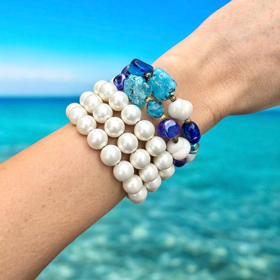 Mermaid Shell Bracelet Stack, Blue Pearl Boho Jew… - image 3