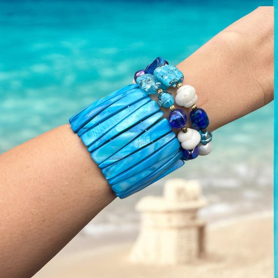 Mermaid Shell Bracelet Stack, Blue Pearl Boho Jew… - image 5