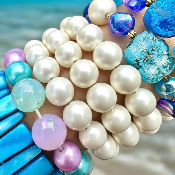 Mermaid Shell Bracelet Stack, Blue Pearl Boho Jew… - image 7