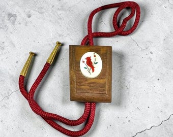 Vintage Cardinal Bolo Tie MOP Inlay Southwest Folk Art Lodgecore Handmade Wood