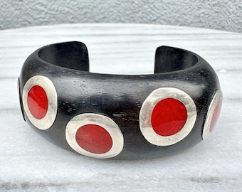 Vintage Black Red Polka Dot Cuff Bracelet Resin Sterling Silver Mod Retro Pop