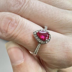 Sterling Silver Ruby Ring Pear Cut Halo Pave Solitaire 925 CO Size 7