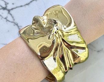 Brutalist Cuff Bracelet Sculptural Gold Tone Molten Linda Eastwood Designer 80s