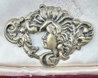 Art Nouveau Revival Brooch Brass Tone Large Lady Brooch Repousse Vintage 3.5”